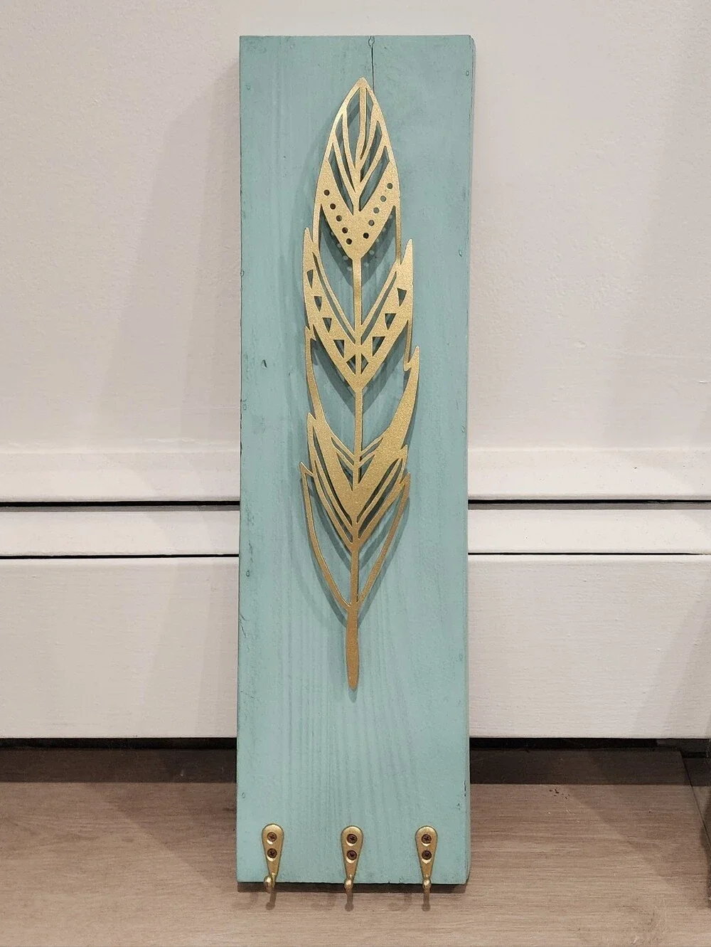 Gold Feather Wall Hook on Aqua Wood - Decorative Home Wall Decor